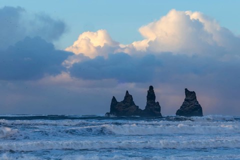 Reynisdrangar pinnacles, waves, sea, clouds, winter, Vik, Iceland, Scandinavia