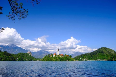 Blejski Otok island with St. Mary's Church, Bled, Lake Bled, Slovenia