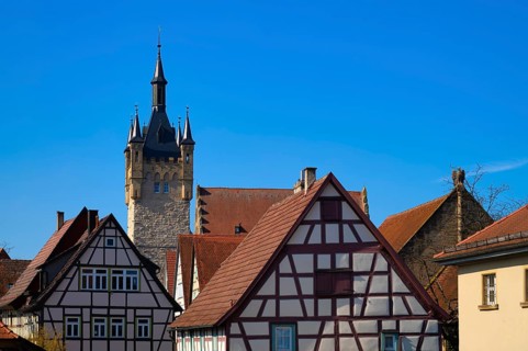 Blue Tower, keep, half-timbered house, Burgviertel, Altstadt, Bad Wimpfen, Kraichgau,