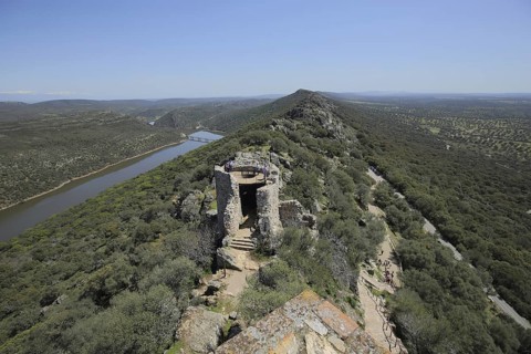 View from Castillo de Monfragüe with river Rio Tajo, ruin, tower, landscape, mountain ridge,