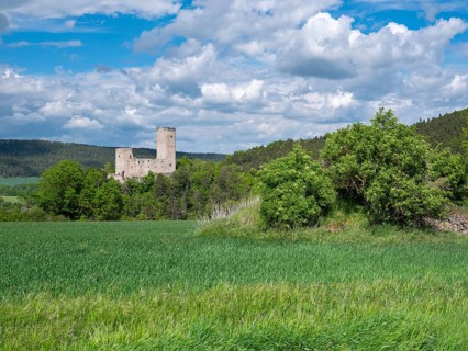 Landscape with the ruins of Ehrenstein Castle under dramatic cloudy sky, Stadtilm, Thuringia,