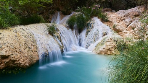 A small waterfall flows over rocks into a clear turquoise-blue pool surrounded by plants,