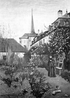 In the monastery garden, man wearing a monk's clothes stands in the garden and reads in a book,
