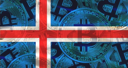 Golden bitcoin coins on Iceland flag. Bitcoin coins on Iceland flag background