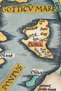 Gotland, detail from an antique historical map of Scandinavia Norbegia & Gottia by Lorenz Fries,