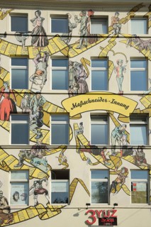 Mural tailor guild, tailoring, tape measure, figures, fashion, clothing, downtown, Main, Frankfurt,