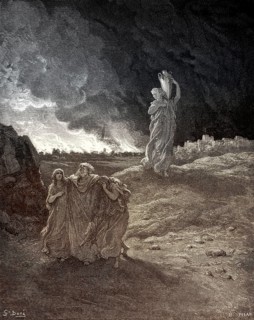 Lot and his family fleeing from burning Sodom and Gomorrah, Old Testament, woodcut by Gustave Doré