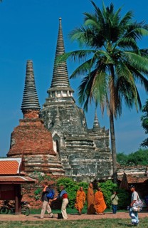 Monks, chedis, palm tree at Wat Phra Si Sanphet, Ayutthaya, Thailand, December 2002, vintage,