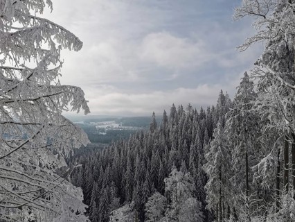 View over snowy forest with distant views and thick clouds in the sky, Rennsteig, Thuringian Forest