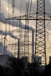 High-voltage power lines, overhead pylons, UNIPER coal-fired power plant Scholven in the