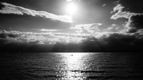 Monochrome, sunlight breaks dramatically through clouds and is reflected on Lake Neusiedl, Austria