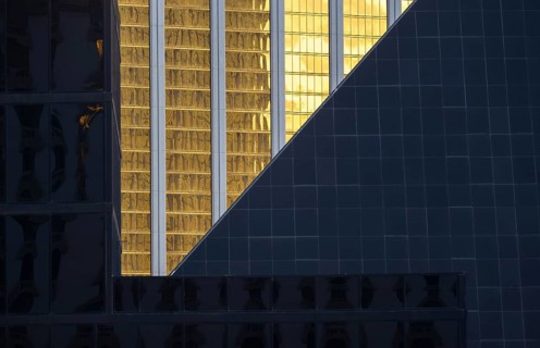 A visually striking composition of modern architecture in Las Vegas. The image features contrasting