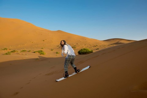 Young woman with snowboard in the sand dunes, near Merzouga, Meknès-Tafilalet region, Erg Chebbi,