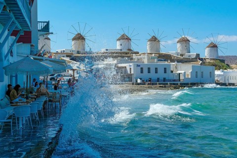Mykonos, Cyclades, Greece - The six sixteenth-century windmills, lined up on a hill above Mykonos