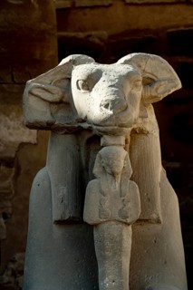 At the entrance to Karnak Temple the Avenue of Sphinxes, statues with the head of a Ram and the