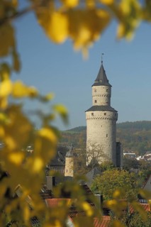 Historic witch tower and autumn colors, landmark, Idstein, Taunus, Hesse, Germany