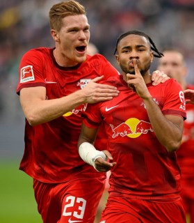 Goal celebration, gesture, gesture, still, Christopher Nkunku (18) RasenBallsport Leipzig RBL, with