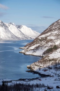 Scenic view of Mefjordbotn fjord, Norway, showcasing snow-covered peaks and a serene blue sea under