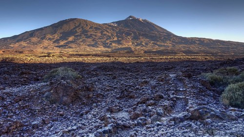 Frosty volcanic landscape with peaks and barren rocky landscape, Teide, Parque Nacional del Teide,