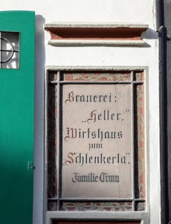 Old inscription on the façade of the famous Schlenkerla restaurant, Bamberg, Bavaria, Germany