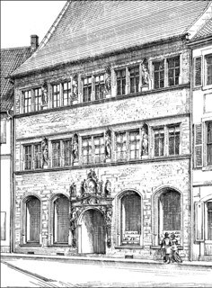 Historical architectural illustration from the 19th Century, 1881, German Renaissance style, 16th