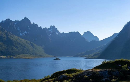 Fjord Austnesfjorden, idyllic Norwegian fjord landscape, Nordland, Norway