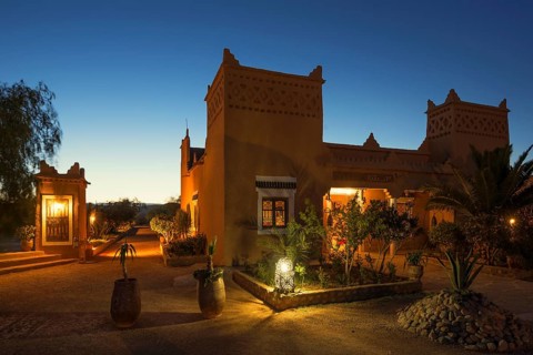 Kasbah style hotel, blue hour, Boumalne Dades, Dades Valley, Atlas Mountains, Morocco
