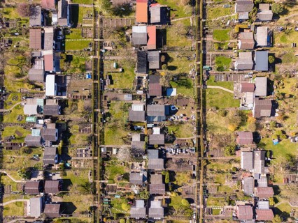 Aerial view, top down view, allotment garden, allotment gardens, allotment association Zeppelinfeld