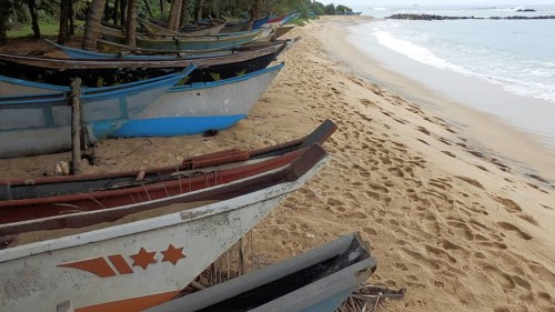 Several colorful fishing boats are moored on a sandy beach by the sea, Sri Lanka