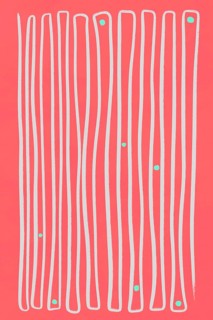 This artwork consists of repeated white vertical lines overlaid on a vivid coral background with
