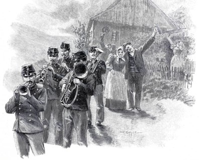 Home fiddling or home lighting by a brass band. The inhabitants of the house wave happily to say