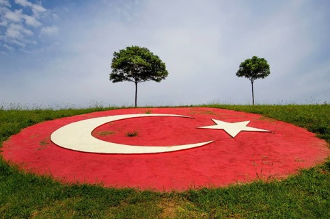 Trabzon, Turkey. September 8th 2014 The Turkish flag marked on a grass verge in Trabzon on the