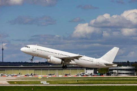 Stuttgart STR EDDS Airport. Manfred Rommel Airport. Airplane taking off. AIRCRAFT NUMBER PLATE: