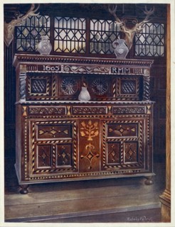 Furniture from around the turn of the century 1900, Carved and inlaid oak court cupboard. (1910,