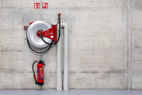 Symbolic photo of fire extinguisher and water hose, Bern, Switzerland