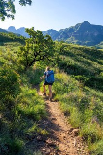 Young female hiker between mountains, Drakensberg National Park, KwaZulu Natal, South Africa