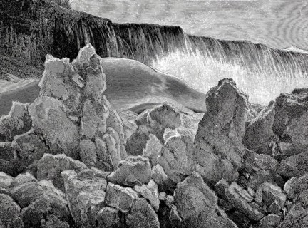 Blocks of ice at the foot of the frozen Niagara Waterfall, 1896, Canada, America, illustration,