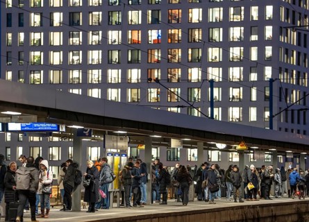Passengers on the platform, Cologne-Messe/Deutz station, 2nd largest train station in Cologne,