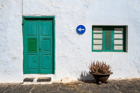 Typical white house with turquoise doors and windows, Teguise, Lanzarote, Canary Islands, Spain