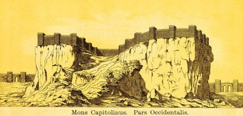 Hill Mons or Monte Capitolinus and Pars Occidentalis, mountain with fortress and defence towers,