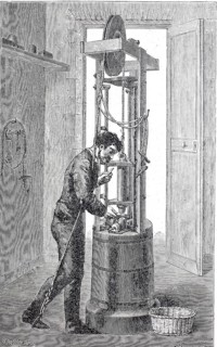 Worker at a minting stick for embossing metal discs, around 1800, digitally enhanced reproduction