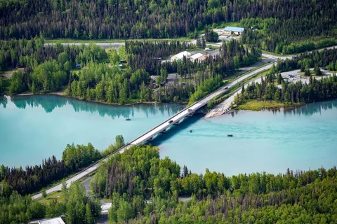 View from above of turquoise blue Kenai River, Cooper Landing, Kenai Peninsula, Alaska, USA