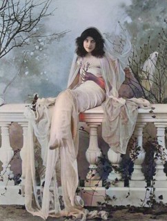 Beautiful dark-haired woman with a veil sitting on a ballustrade on the terrace, 1880, Italy,