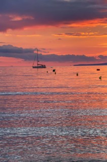 Sailing boat at sunset, Palma de Mallorca, Mallorca, Balearic Islands, Spain
