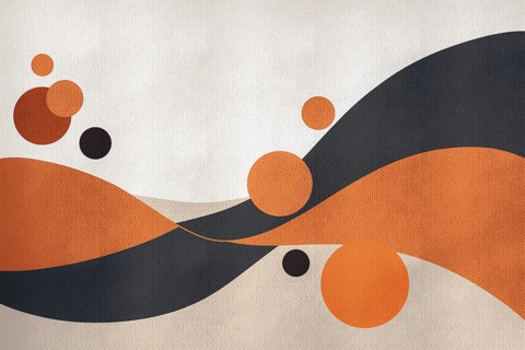 This artwork features an abstract background filled with flowing curves and bold warm tones