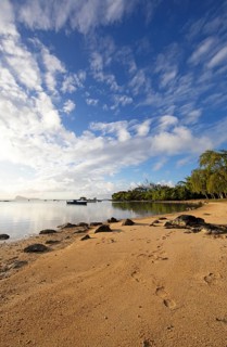 Golden sandy beach on the Indian Ocean near Calodyne, with Gunner's Coin Island in the background,