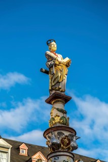 St Peter on the Petrusbrunnen fountain on the main market square in Trier, Rhineland-Palatinate,