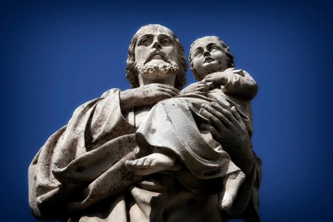 Stone statue, Saint Joseph with the Infant Jesus, courtyard of Marienstatt Abbey, Streithausen,