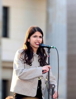 Daniela Sepehri speaks at the demonstration Against Sexualized Digital Violence - Solidarity with