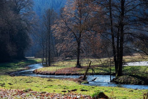 The Aufsess Valley with the Aufseß River at the beginning of spring, Upper Franconia, Bavaria,